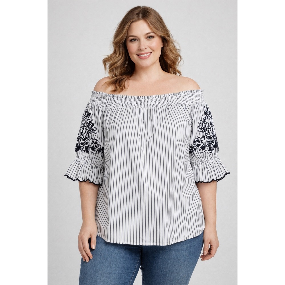 Chico's Off The Shoulder Blouse Size 16 XL Blue White Stripe Embroidered Boho